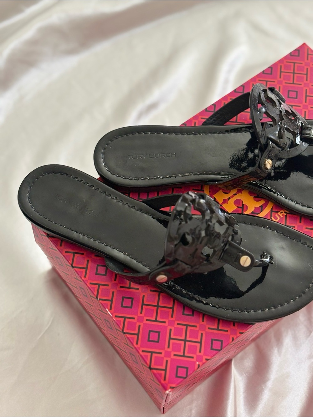 Tory Burch Miller Sandals Black Patent Leather Gold Logo w/ Box